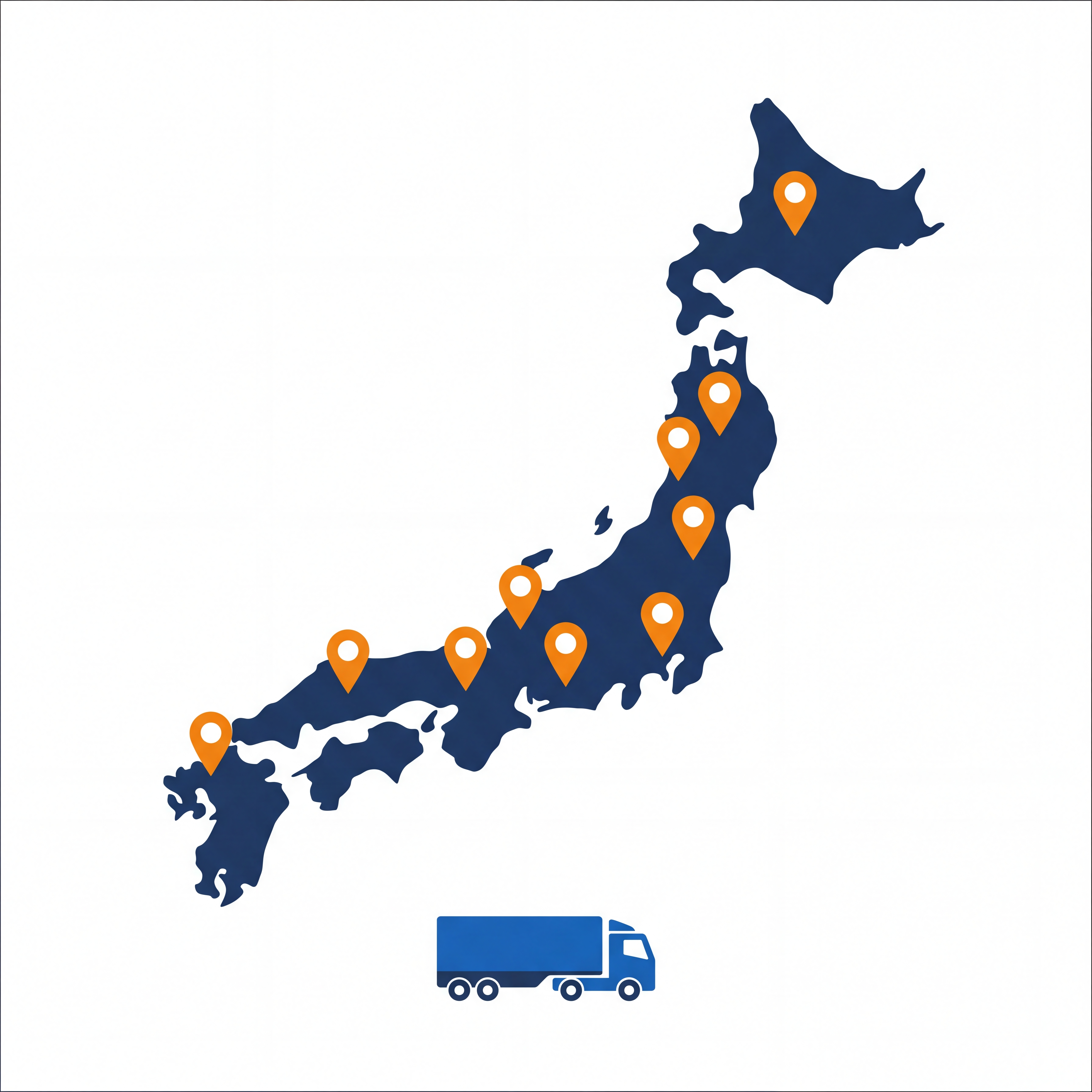 カーメルの全国納車対応エリア。直営4店舗と全国の加盟店ネットワーク